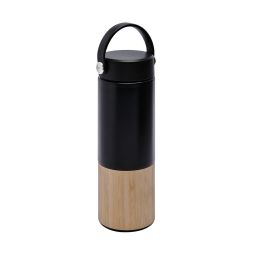 Código TMPS 109 TERMO BAMBUS Termo doble pared con base de bambú. Cerrado al vacío. Tapa de plástico con asa de silicón y cierre de rosca. Incluye caja individual. Material: Acero Inoxidable / Bambú / Plástico. Medida: 7 x 22 cm. Capacidad: 400 ml 