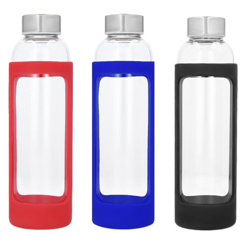 Código T 126 CRYSTAL Cilindro de vidrio con tapa metálica enroscable y funda de silicón. Material: Vidrio Capacidad: 570 ml.  Medidas del producto Alto: 24.0 cm. Ancho: 7.0 cm. 