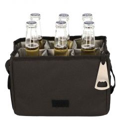 Código SIN 496 LONCHERA PORTA BOTELLAS SURPRISE  Interior plastificado. División interna removible para 6 botellas. Bolsillo lateral. Incluye destapador metálico y correa ajustable.  Material: Poliéster. Medida: 26 x 26.5 x 14.5 cm
