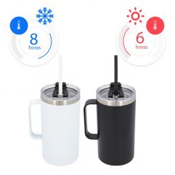 Código TMPS 153 Incluye popote. Incluye tapa de plástico con cierre a presión y ranura especial para popote. Mantiene temp. caliente 6 hrs y temp. fría 8 hrs aprox. Material: Acero Inoxidable/ Plástico. Medida: 8.5 x 17 cm. Capacidad: 590 ml 