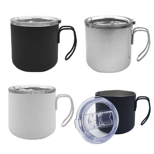 Código T 101 CHAI Taza con doble pared de acero inoxidable, asa metálica y tapa traslúcida de cierre a presión con seguro deslizable y boquilla. Incluye bolsa y caja individual. Material: Acero Inoxidable Capacidad: 375 ml. Medidas Alto: 8.5 x 8.5 cm 
