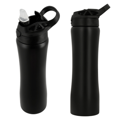 CÓDIGO T184 JAGUAR Cilindro de acero inoxidable con tapa enroscable, boquilla abatible, popote y agarradera. Material: Acero Inoxidable / Plástico Capacidad: 500 ml. Medidas 27.5 x 7.5 cm.