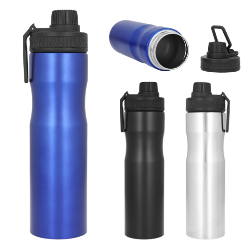 CÓDIGO T96 ACQUA Cilindro de acero inoxidable con sujetador, tapa con cintillo de silicón y boquilla enroscable de plástico. Material: Acero Inoxidable Capacidad: 750 ml. Medidas 26.5 x 7 cm