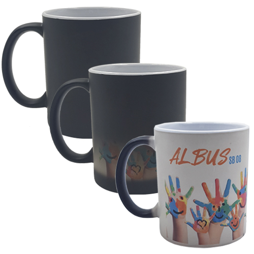 Código SB 08 ALBUS Taza mágica de cerámica para sublimación con terminado mate, que con agua caliente cambia de color. Material: Cerámica Capacidad: 320 ml.  Medidas del producto Alto: 9.5 cm. Ancho: 8.0 cm.