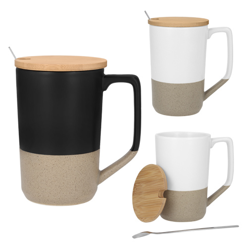 Código HO 047 ALICANTE Taza de cerámica con acabado mate y texturizado en la parte inferior, tapa de bambú y cuchara de acero inoxidable.  Material: Cerámica. Capacidad: 485 ml. Medidas: 14 x 7 cm. 