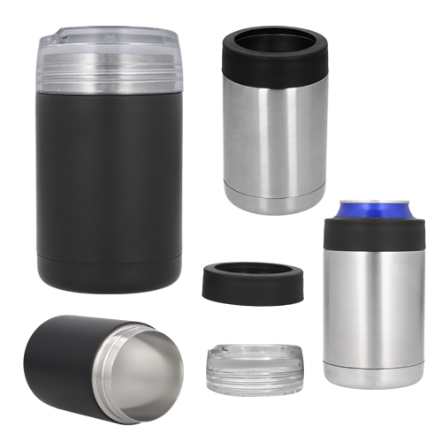 CÓDIGO T83 LAGER Porta latas con doble pared de acero inoxidable y tapa enroscable de plástico transparente con aditamento para convertirse en termo. Material: Acero inoxidable Capacidad: 360 ml. Medidas 12.5 x 8 cm 