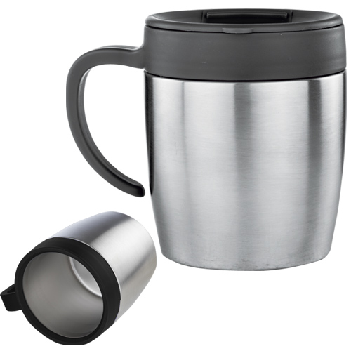 Código T 46 EVIN Taza térmica con doble pared de acero inoxidable, tapa enroscable, asa de plástico y válvula de seguridad. Material: Acero Inoxidable Capacidad: 450 ml. Medidas del producto Alto: 11.9 cm. Ancho: 10.0 cm.