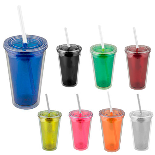 Código T 48 T ROPICAL Vaso de doble pared de plástico con popote incluido. Material: Plástico Capacidad: 500 ml.  Medidas del producto Alto: 16.0 cm. Ancho: 10.0 cm. 