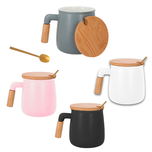 Código HO 088 BRULE Taza de cerámica con tapa de bambú y cucharilla. Material: Bambú / Cerámica Capacidad: 360 ml.  Medidas del producto Alto: 10.5 cm. Ancho: 9.0 cm.