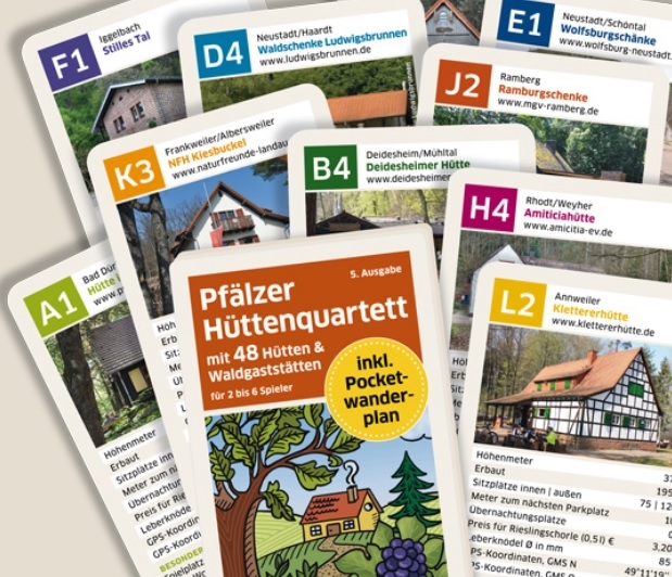 Pfälzer Hüttenquartett neu 5. Auflage Pfälzer Wald Hütten Rieslingschorle Leberknödel Durchmesser Kartenspiel