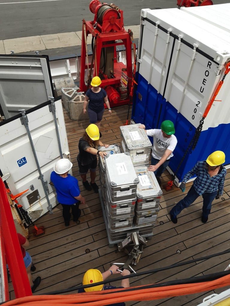 Here comes the kit! Loading all the equipment onto RV Sonne in the port at Emden