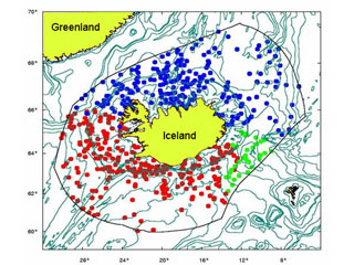 Each colour is standing for a research vessel. 19 cruises with the research vessels Bjarni Sæmundsson, Håkon Mosby and Magnus Heinason