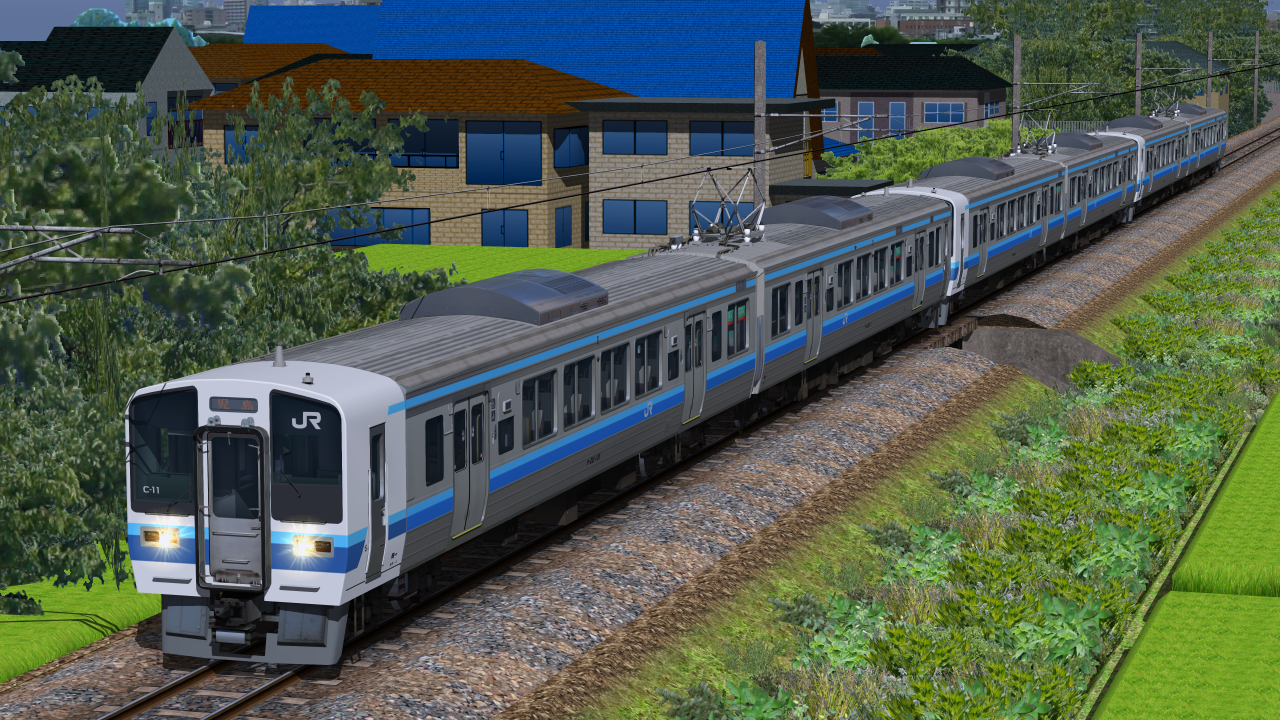 2両編成。中間車を先頭車化した特徴的な前面を持つクハ212-100も収録。
