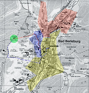 Die Kompaniebezirke: blau=Erste, gelb=Zweite, orange=Dritte