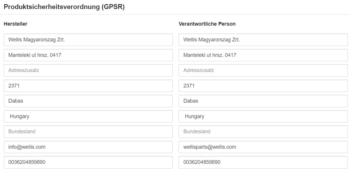 GPSR Herstellerdaten