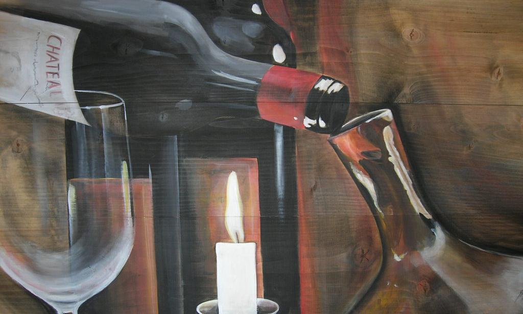 Rotwein zum Dekantieren" Acryl auf Holz 55 x 100 cm.