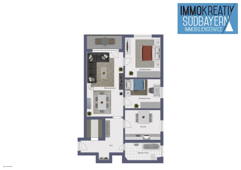 Grundriss einer 3-Zimmer-Eigentumswohnung in Neuötting im Landkreis Altötting mit Wohn- und Essbereich, Schlafzimmer, Kinderzimmer, Küche, Bad, Flur und Balkon – funktional und lichtdurchflutet gestaltet.