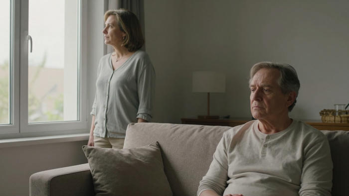 Una coppia matura vive un momento di distanza emotiva: la donna guarda fuori dalla finestra mentre l’uomo siede pensieroso sul divano, immagine della crisi di coppia a 50 anni e oltre.