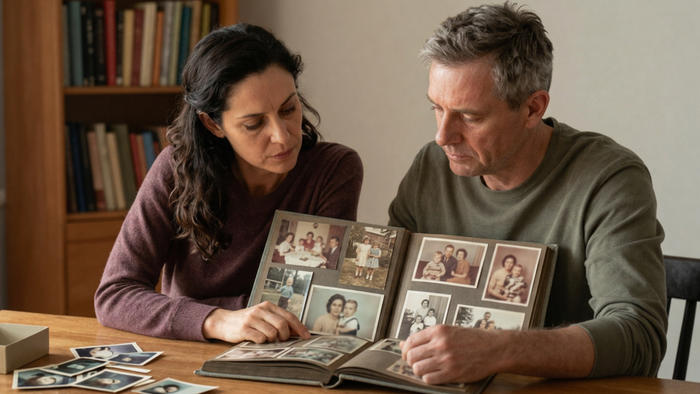 Un uomo e una donna guardano vecchie fotografie di famiglia, immagine che richiama il peso e l’influenza della storia familiare nella vita di coppia.