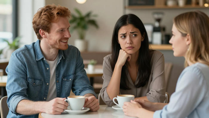 Un uomo e due donne siedono in un bar davanti a una tazza di caffè; una delle due donne osserva la scena con espressione preoccupata, richiamando il tema della gelosia nella relazione di coppia.