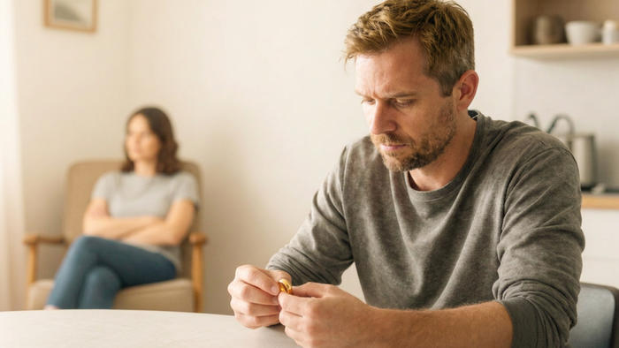 Un uomo osserva una fede nuziale con espressione seria, mentre sullo sfondo una donna siede in silenzio e a distanza, immagine che richiama la ferita della fiducia e il tema dell’infedeltà nella coppia.
