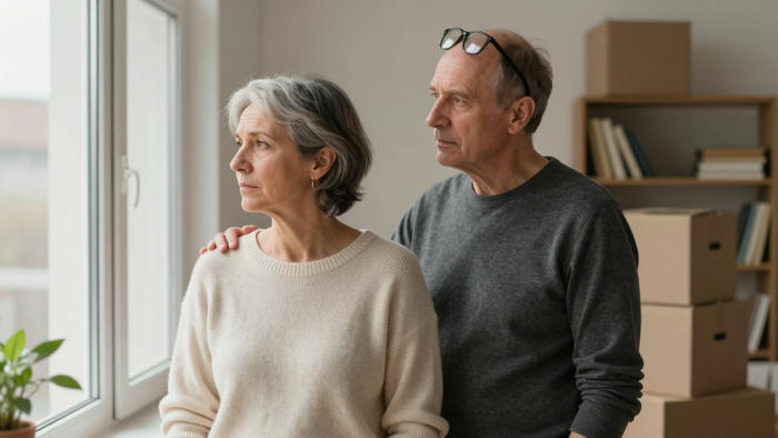 Un uomo e una donna adulti guardano fuori dalla finestra in una stanza con scatole sullo sfondo, simbolo dei cambiamenti da affrontare nella relazione di coppia.