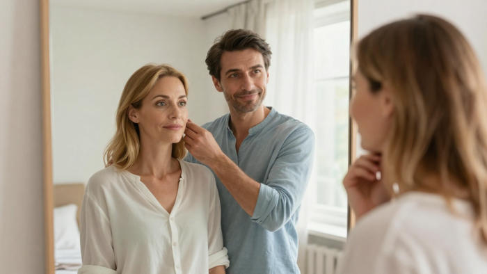 Un uomo e una donna davanti allo specchio condividono un momento di cura e attenzione reciproca, simbolo del desiderio di piacersi e di coltivare la relazione anche nei piccoli gesti quotidiani.