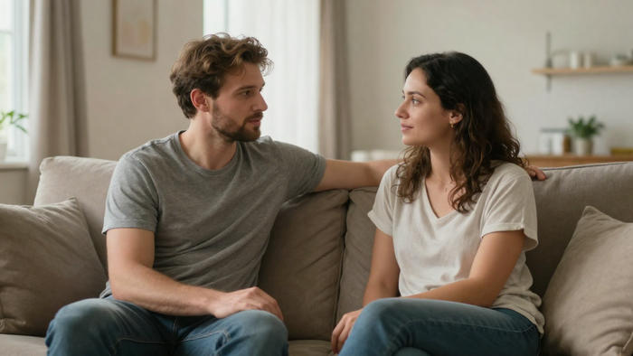 Una coppia seduta sul divano si guarda con calma e vicinanza, simbolo del passaggio da “tu e io” a “noi” nella relazione.