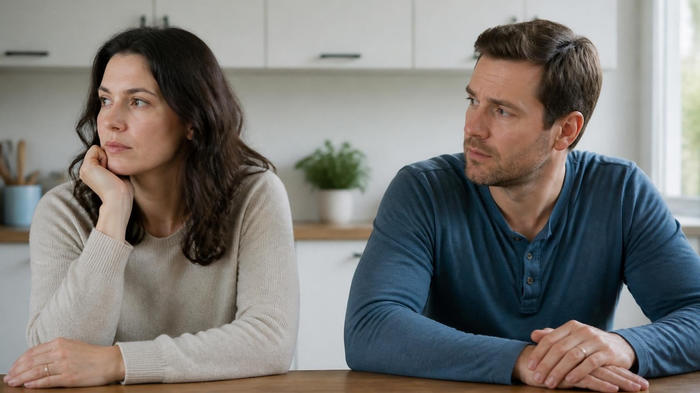 Un uomo e una donna siedono al tavolo della cucina con espressione distante e pensierosa, immagine che richiama una fase di crisi nel matrimonio e la sensazione che il partner sia cambiato.