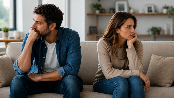 Una coppia seduta sul divano guarda in direzioni diverse, simbolo della distanza emotiva che può accompagnare una crisi di coppia.