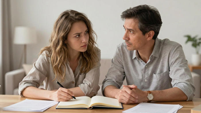 Uomo e donna seduti a un tavolo con un quaderno aperto, impegnati a parlarsi e riflettere insieme per trovare possibili soluzioni a una crisi di coppia.