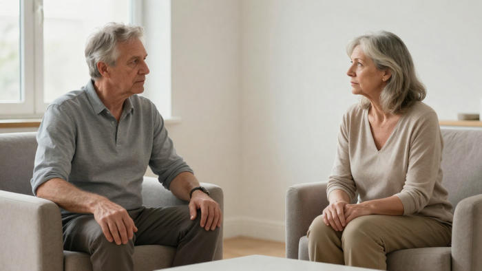 Uomo e donna seduti su due poltrone in un ambiente domestico si confrontano con attenzione e rispetto reciproco.