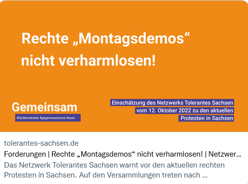 Das Netzwerk "Tolerantes Sachsen" ordnet aktuelle Monatsdemos in Sachsen ein