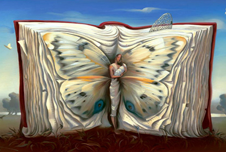 illustrazione di un  libro aperto dalle cui pagine si svela una donna a forma di farfalla, con le ali a dare effetto delle pagine