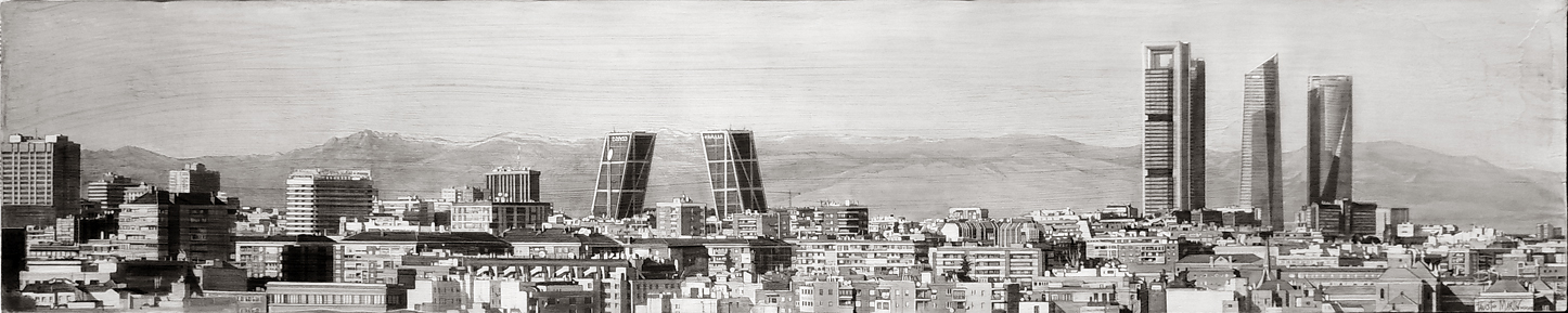 "Torres Kio y Torres Business". Grafito sobre tabla / Graphite on board. 2019. 100 x 20 cm. Colección particular.