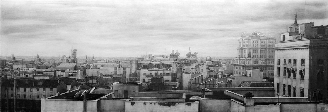 "Cuádrigas sobre Madrid / Chariots over Madrid" Grafito sobre tabla / Graphite on board. 2014. 52,8x160 cm.﻿ Colección particular.