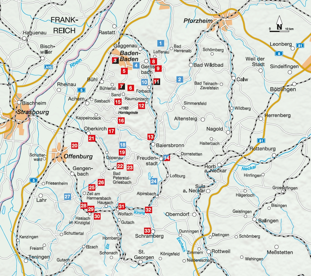Übersichtskarte zu den Touren im nördlichen Schwarzwald