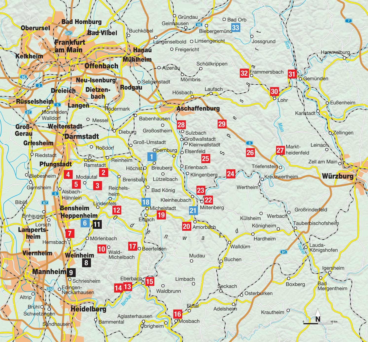 Übersichtskarte zu den Vergessenen Pfaden Odenwald & Spessart