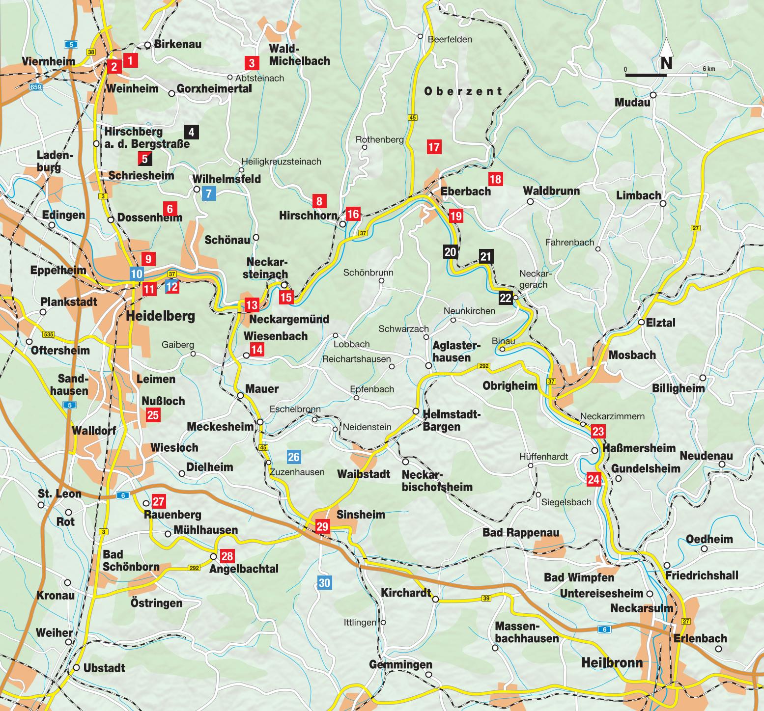 Wanderkarte mit Übersicht der Touren bei Heidelberg