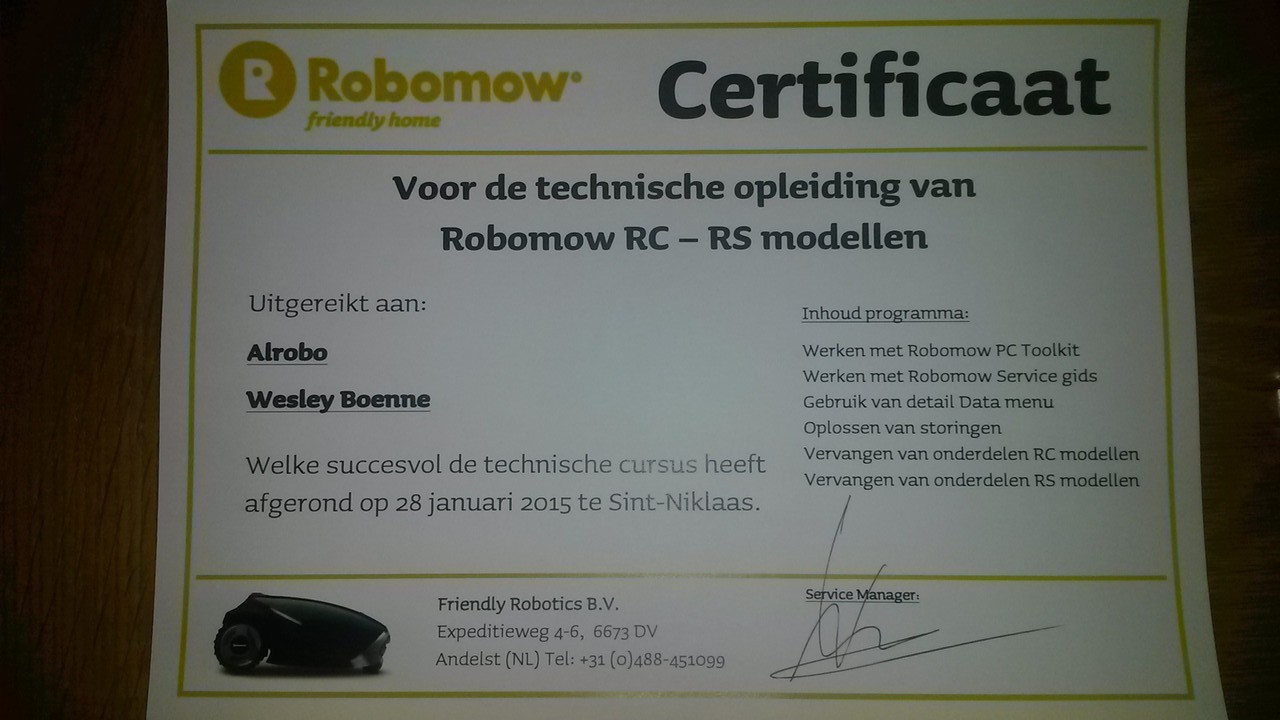 Alrobo technisch opleidingscertificaat Robomow