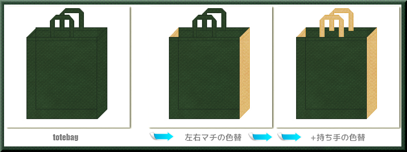 不織布トートバッグ：メイン不織布カラーNo.２７濃緑色+28色のコーデ