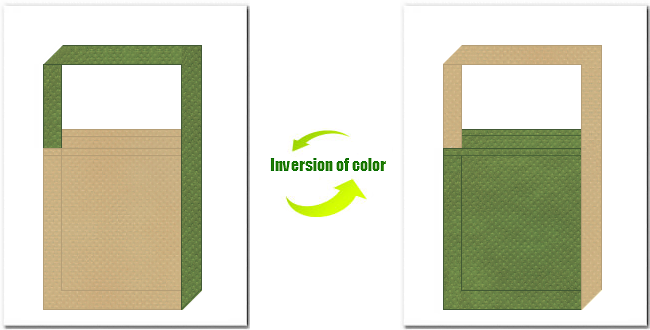 カーキ色と草色の不織布ショルダーバッグのデザイン：竹製品・民芸品のショッピングバッグにお奨めの配色です。