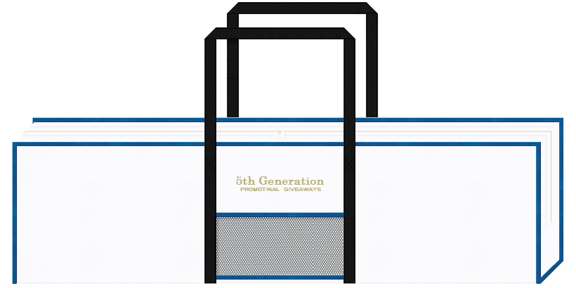 白色、青色、黒色を使用した大きめ不織布バッグのカラーシミュレーション：5Ｇ・通信のノベルティにお奨めです。