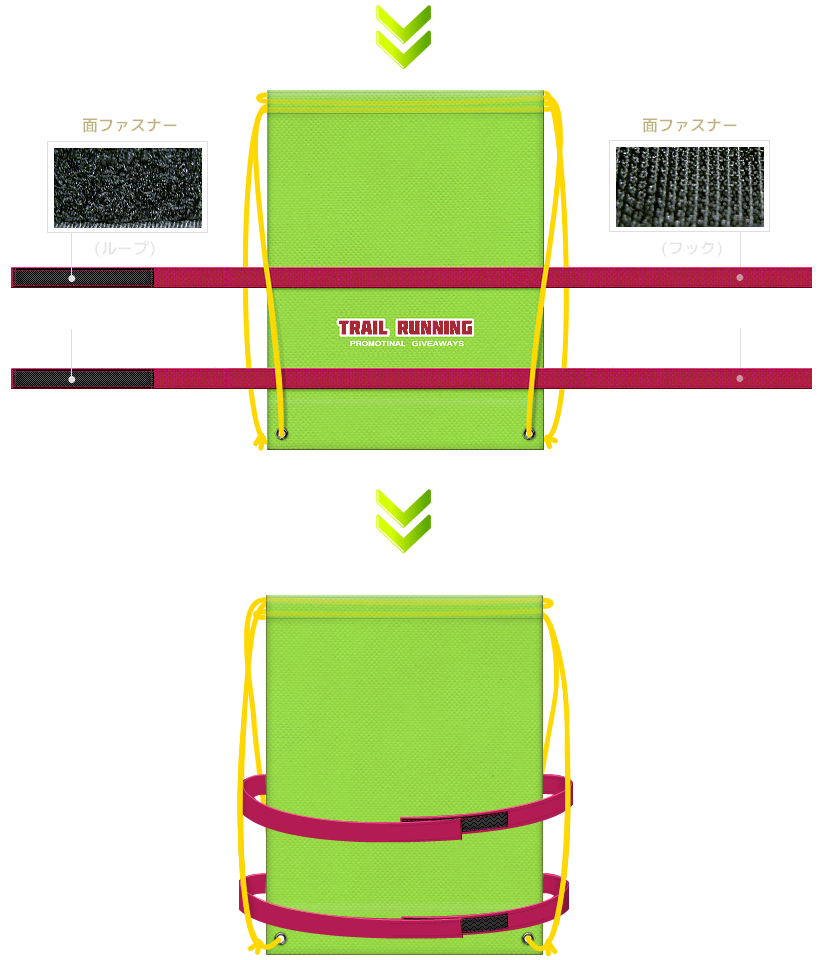 ボディー巻き付きの不織布リュックサック：トレイルランニング・ロードレース等、アウトドアイベントのノベルティにお奨めです。
