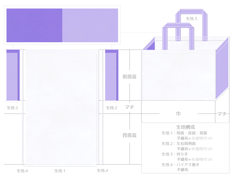 オープンキャンパスのバッグにお奨めの不織布バッグデザイン（パステルカラー・パープル・介護・福祉）：白色と薄紫色の不織布に半透明フィルムを加えたカラーシミュレーション