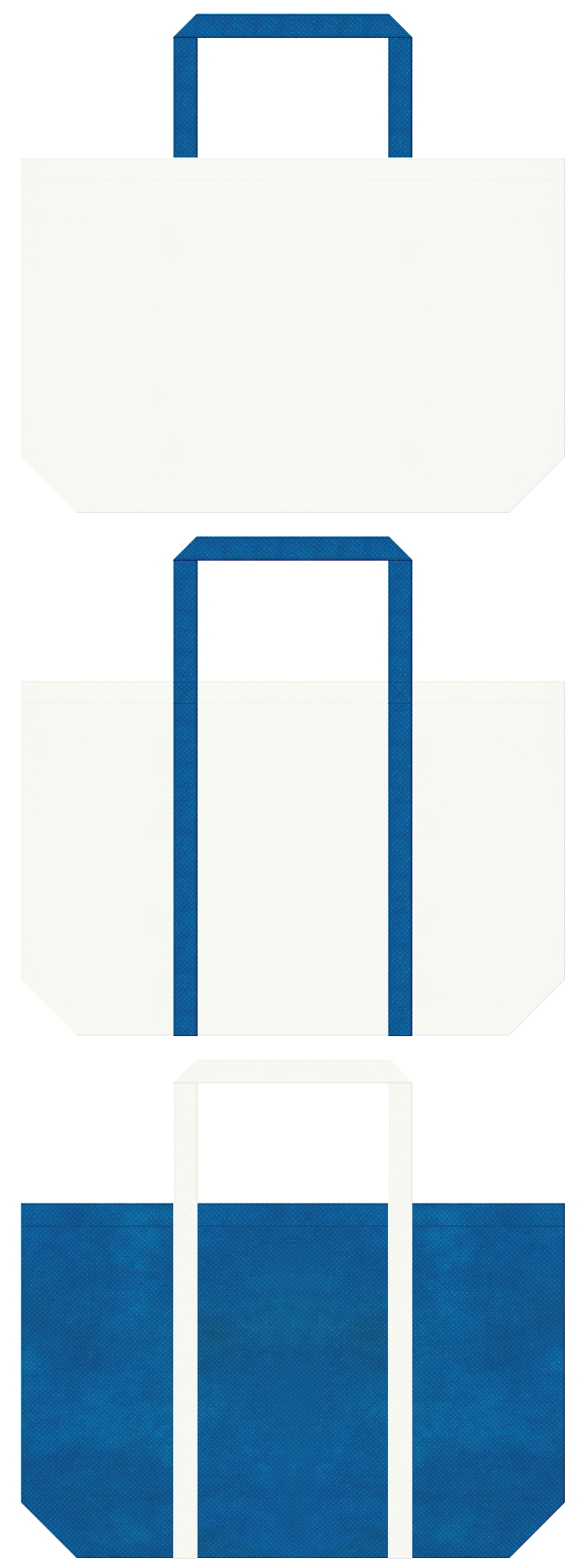 水と環境・水資源・CO2削減・環境セミナー・環境イベント・ボート・ヨット・飛行機・ロボット・ラジコン・水素自動車・ドライブレコーダー・防犯カメラ・セキュリティグッズ・IT・AI・LED・IOT・センサー・電子部品の展示会用バッグにお奨めの不織布バッグデザイン：オフホワイト色と青色のコーデ