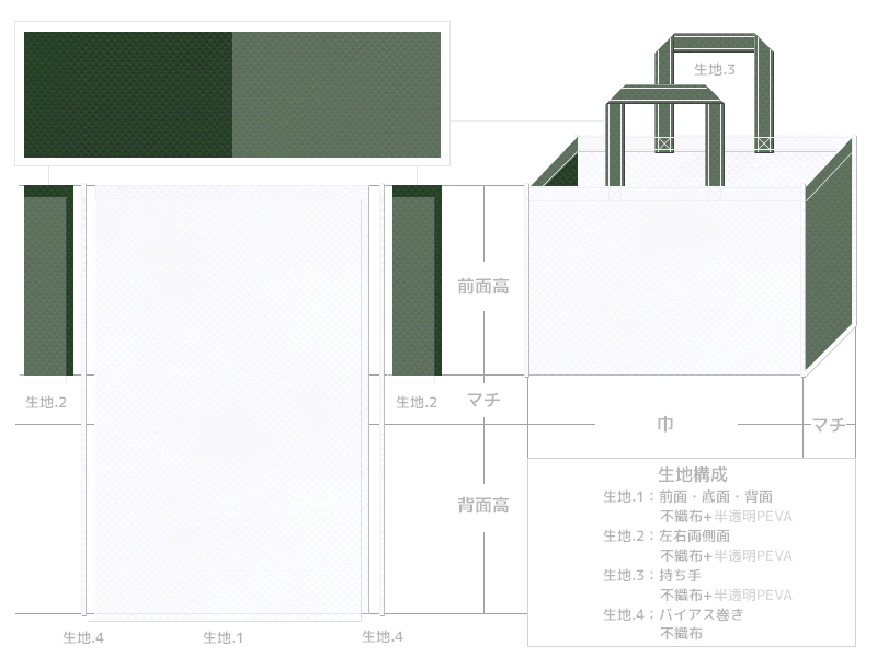オープンキャンパスのバッグにお奨めの不織布バッグデザイン（医学部・薬学部・農学部）：白色と濃緑色の不織布に半透明フィルムを加えたカラーシミュレーション