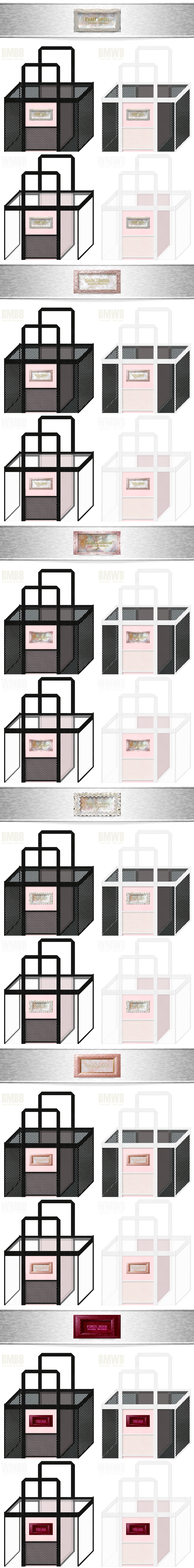 ネイル用品、化粧品、SPA、バス用品のプロモーションに推し！ガーリーデザインのメッシュバッグカラーシミュレーション：白黒メッシュと桜色不織布の組み合わせ。20260418