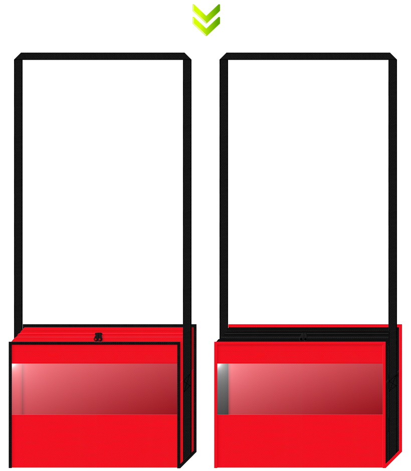 赤色と黒色の不織布に透明窓をつけた不織布バッグデザイン：のりもの・バス・電車イベントのノベルティ