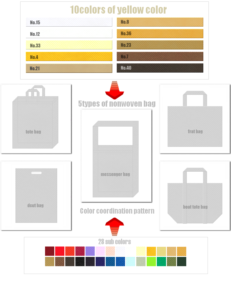 不織布バッグのフリーイラスト説明：5種類の不織布バッグ×茶色系メインカラー10色×サブカラー28色のコーディネート